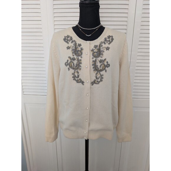 Eddie Bauer VTG Sweater Womens XL Wool Silk Lined Cream Pearls Beaded Cardigan - Picture 1 of 15